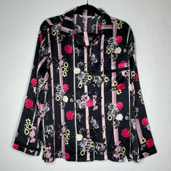 VS Satin Pajama Top in a Black Floral Stripe NWT - Picture 2 of 5